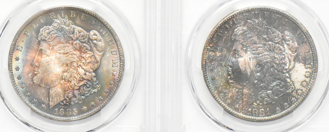Eight toned Morgan dollars, Five PCGS MS-63 and Three PCGS MS-64