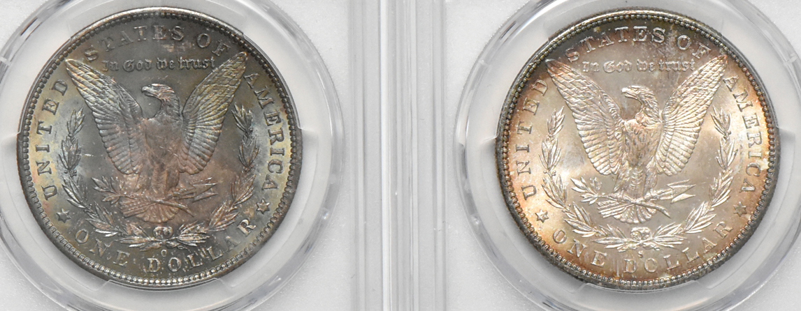 Eight toned Morgan dollars, Five PCGS MS-63 and Three PCGS MS-64