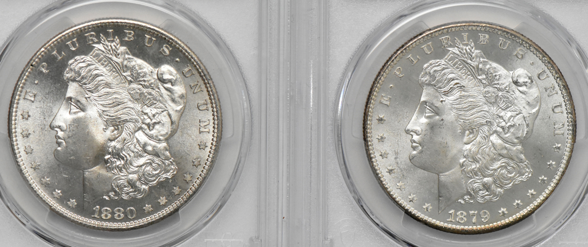 Four Morgan dollars, all PCGS MS-66