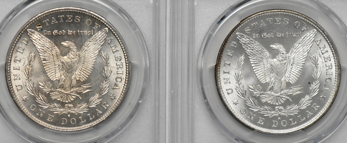 Four Morgan dollars, all PCGS MS-66