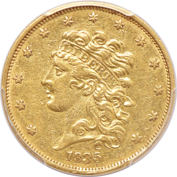 1834 Liberty quarter eagle XF details/mount removed, and an 1835 half eagle XF details/filed rims, both PCGS