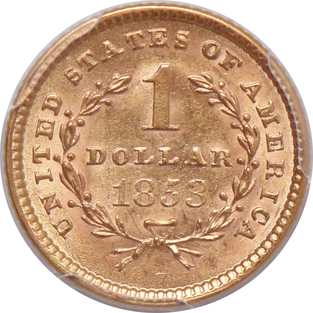 1853 Type 1 gold dollar MS-63, and an 1854 Type 2 gold dollar XF-45, both PCGS