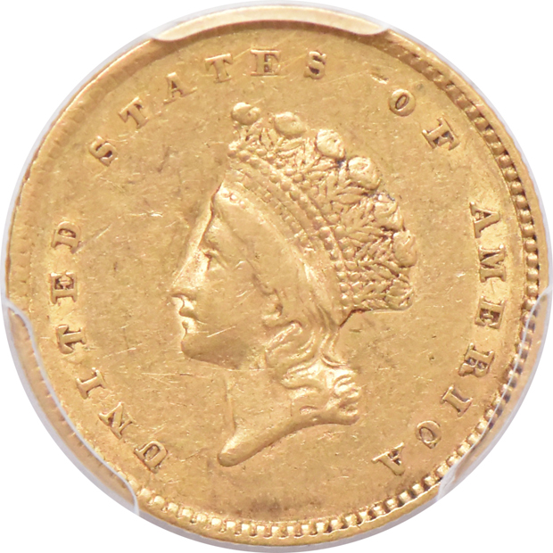 1853 Type 1 gold dollar MS-63, and an 1854 Type 2 gold dollar XF-45, both PCGS