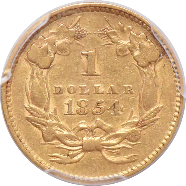 1853 Type 1 gold dollar MS-63, and an 1854 Type 2 gold dollar XF-45, both PCGS