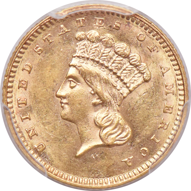 1853 Type 1 gold dollar MS-63, and an 1854 Type 2 gold dollar XF-45, both PCGS
