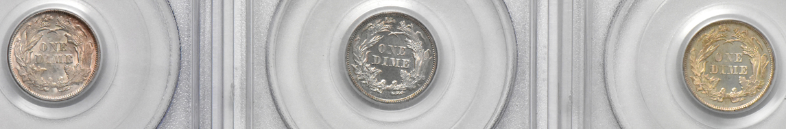 1873 Arrows AU-55, 1873 Arrows PR-63 (green label), and an 1873 PR-64 (green label), all PCGS