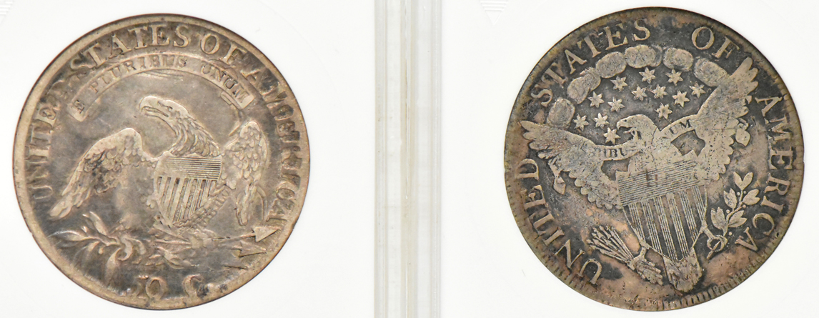 A Draped Bust half dollar and three Capped Bust half dollars certified by ANACS