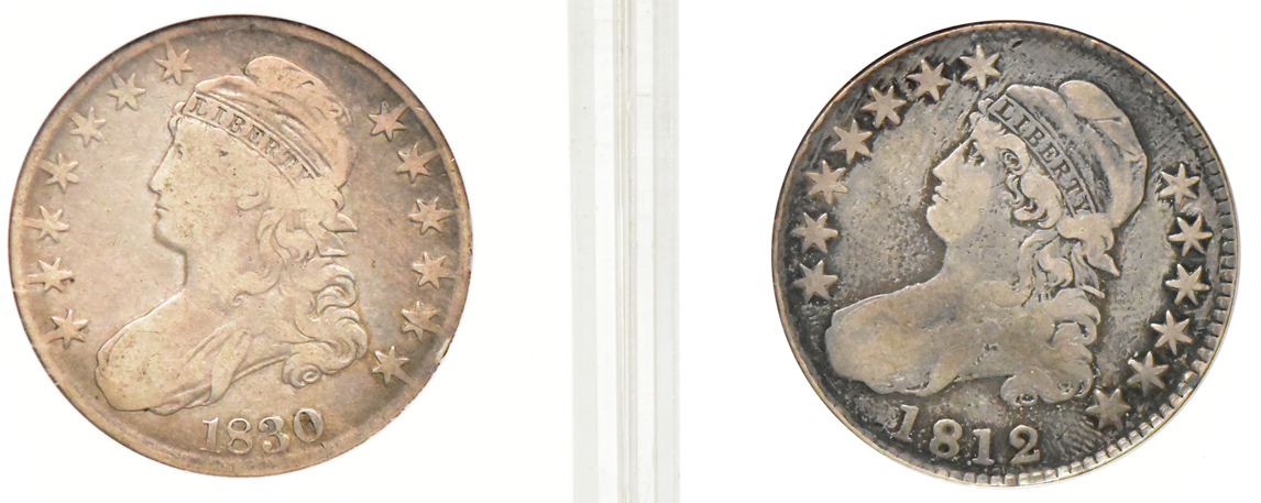 A Draped Bust half dollar and three Capped Bust half dollars certified by ANACS