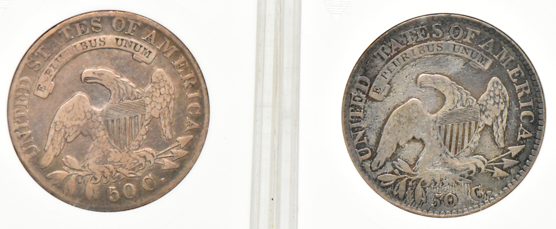 A Draped Bust half dollar and three Capped Bust half dollars certified by ANACS