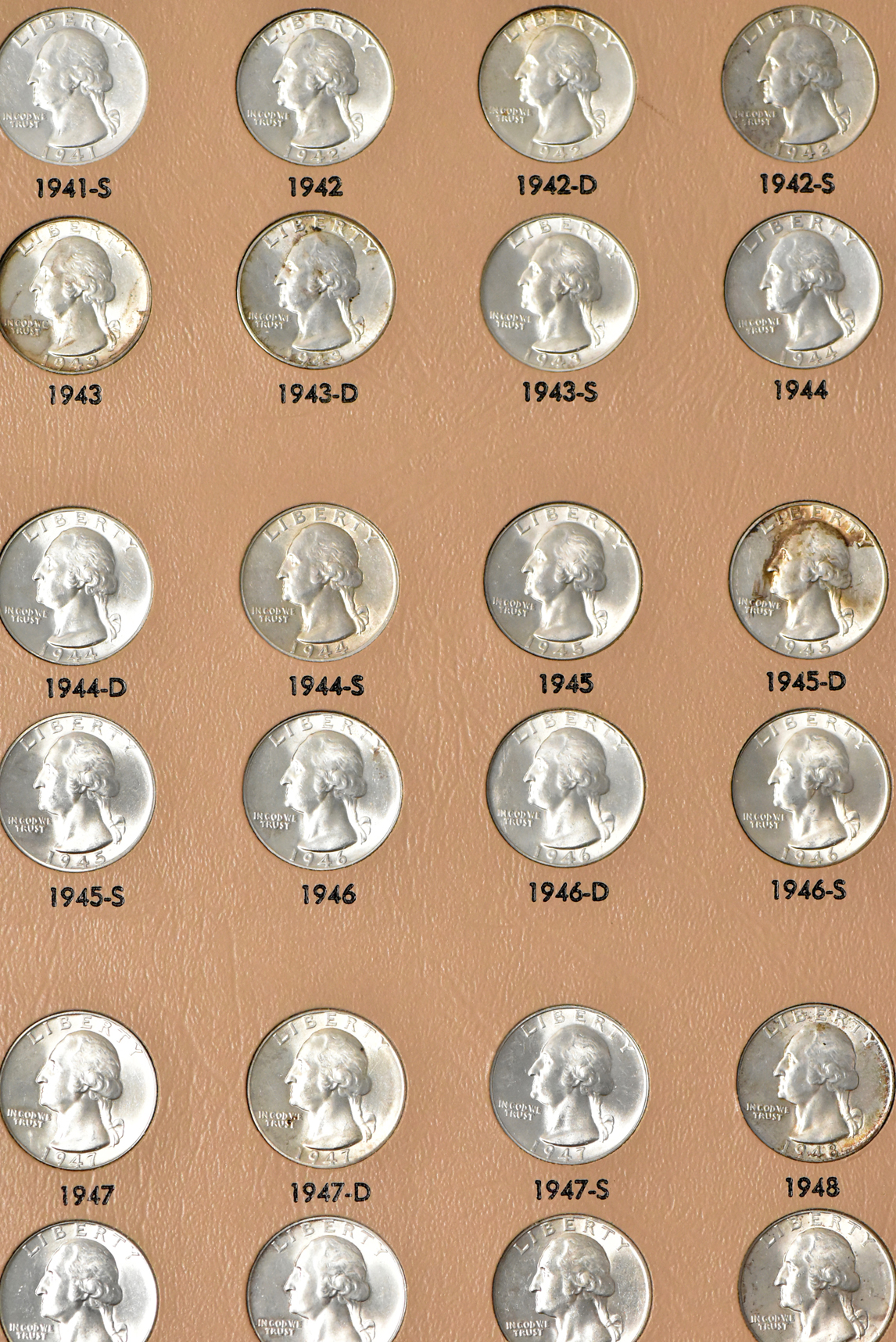 Complete collection of Washington quarters, including proof-only issues, through 1998-S silver in a Dansco 8140 album