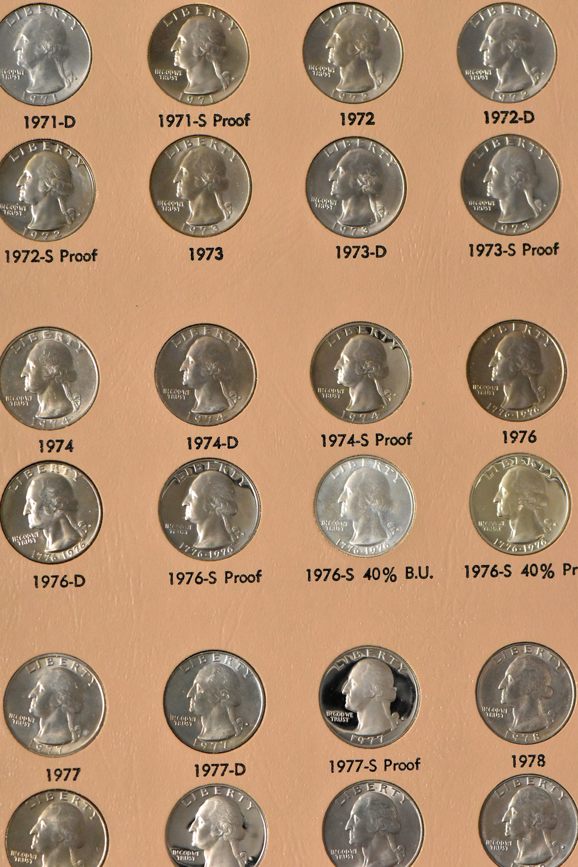 Complete collection of Washington quarters, including proof-only issues, through 1998-S silver in a Dansco 8140 album