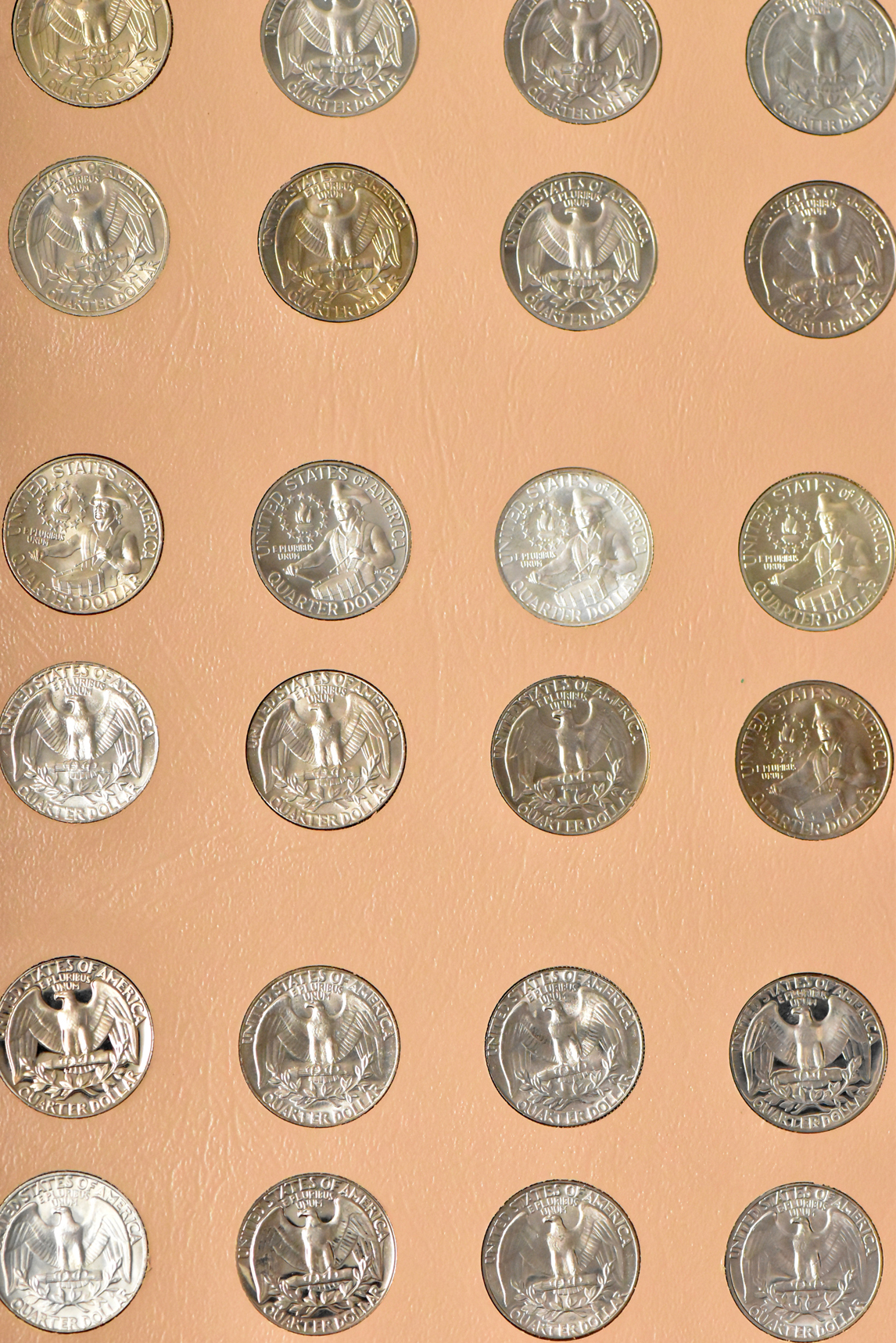 Complete collection of Washington quarters, including proof-only issues, through 1998-S silver in a Dansco 8140 album