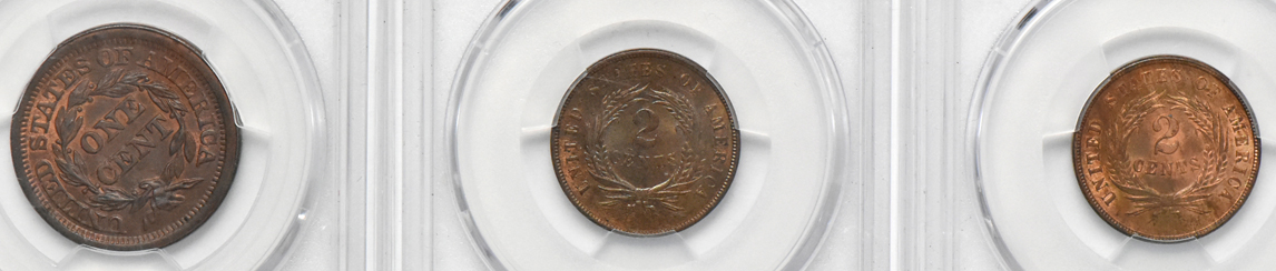 1852 large cent MS-62BN, 1864 two-cent piece Large Motto MS-65RB, and an 1867 two-cent piece MS-65BN, all PCGS