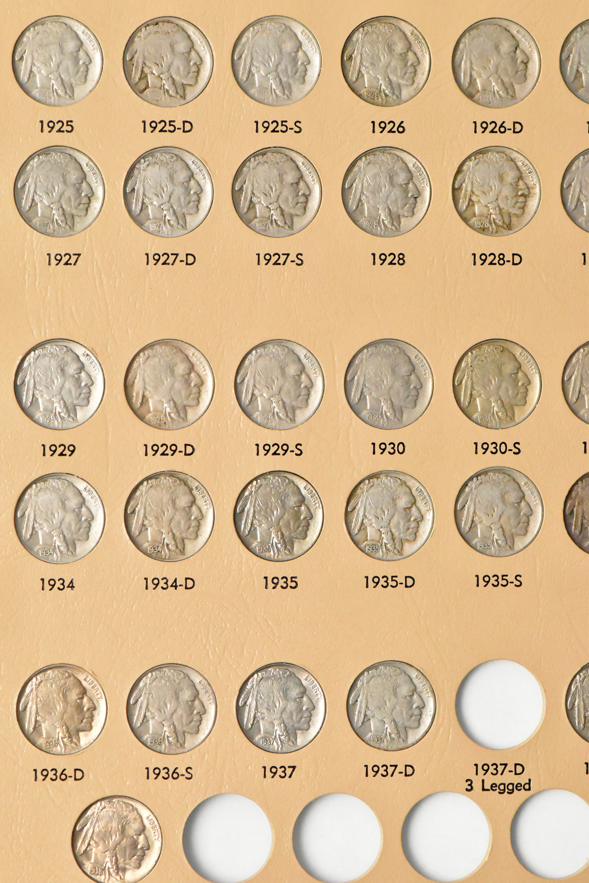 Nearly complete collection of Buffalo nickels in a Dansco 7112 album