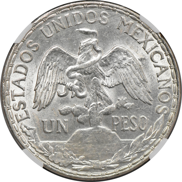Mexico - 1910 peso and 1921-Mo two pesos, both NGC MS-62