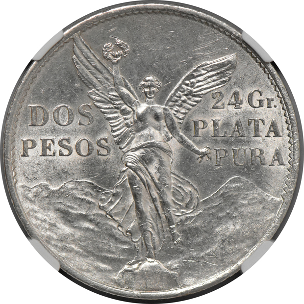 Mexico - 1910 peso and 1921-Mo two pesos, both NGC MS-62