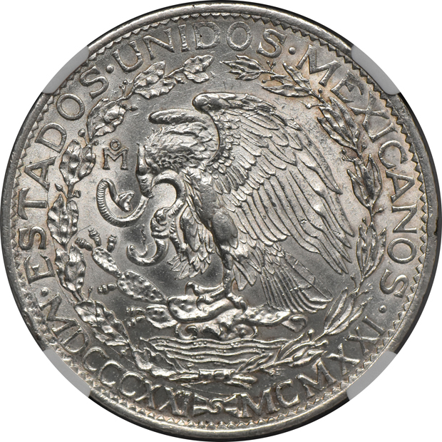 Mexico - 1910 peso and 1921-Mo two pesos, both NGC MS-62