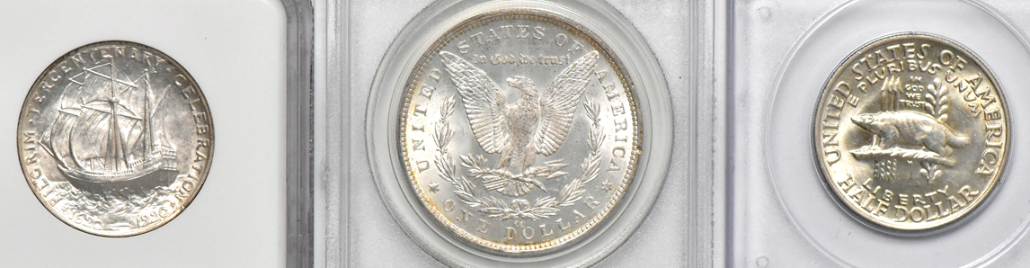 1882-CC Morgan dollar PCGS MS-62 (green label), 1921 Pilgrim silver commemorative half dollar NGC MS-64, and a 1936 Wisconsin PCGS MS-65 (rattler)