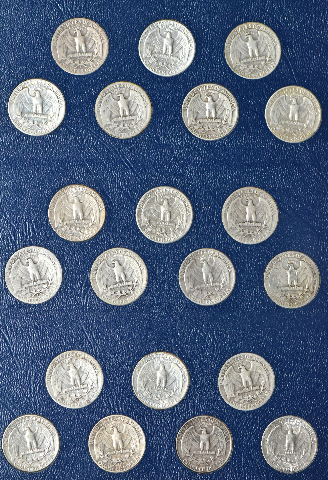 Collections of Mercury dimes, Roosevelt dimes, Washington quarters, and Franklin half dollars in four Whitman albums