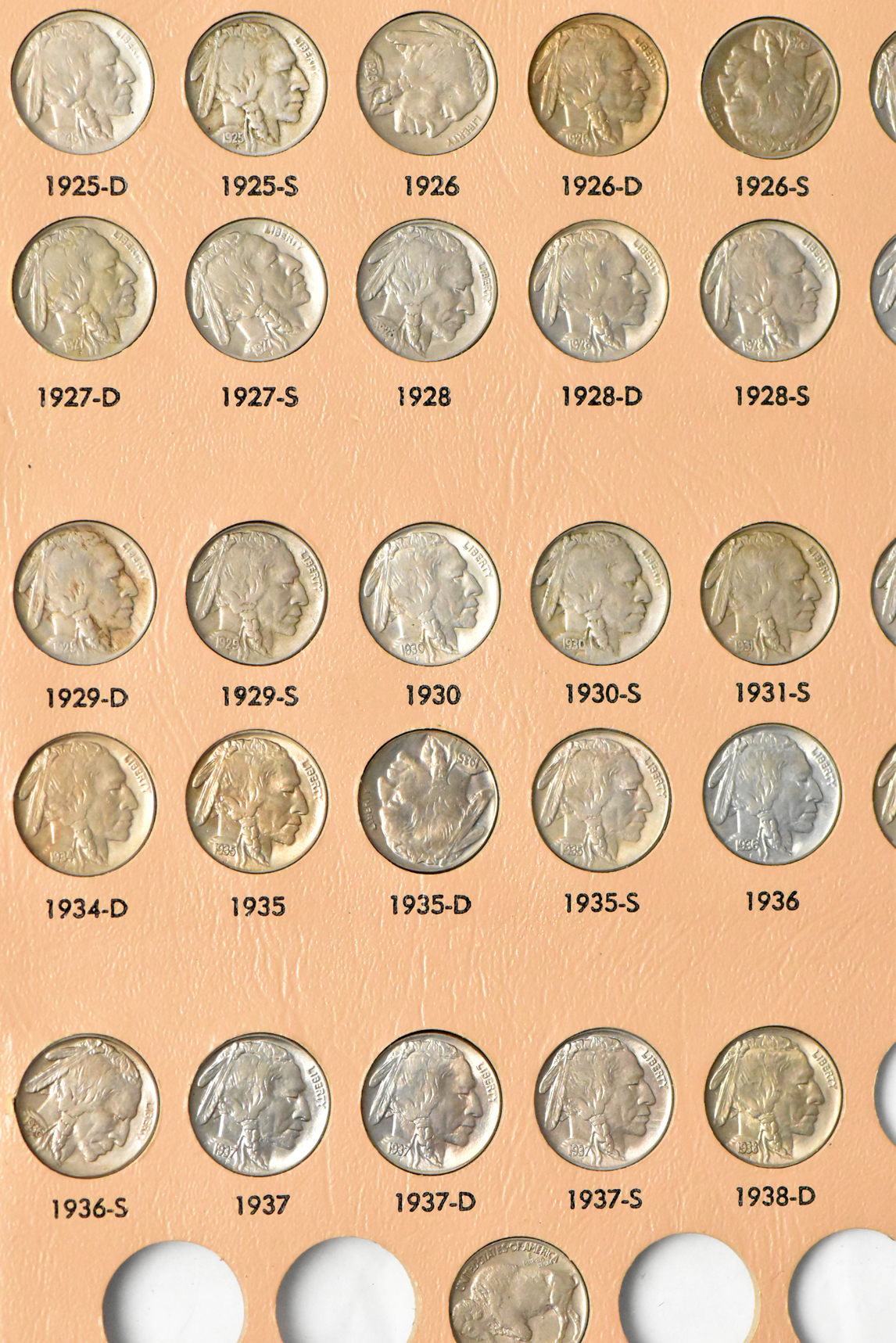 Collection of Buffalo nickels in a complete Dansco 7112 album