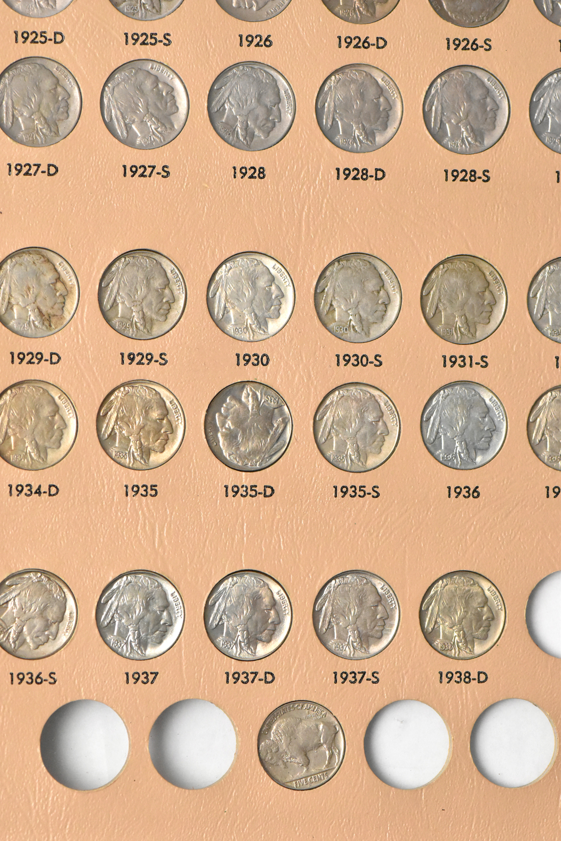Collection of Buffalo nickels in a complete Dansco 7112 album