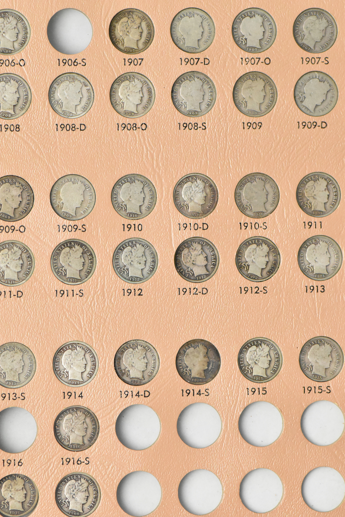 Barber dime Collection in a Dansco album