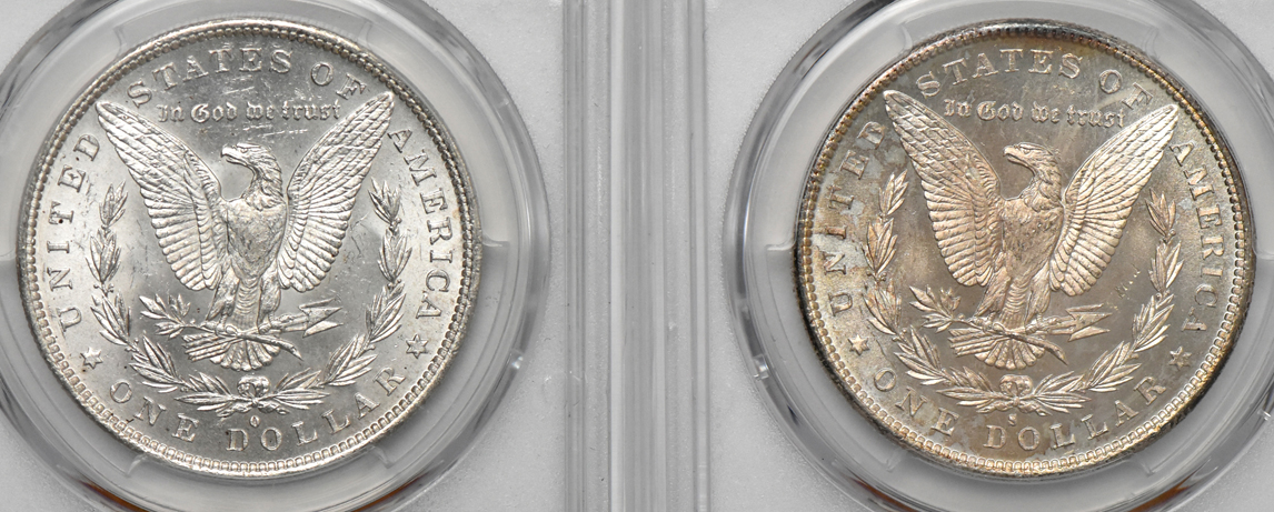 Four Morgan dollars graded MS-65 by PCGS