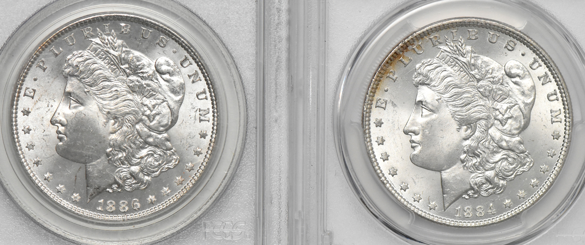 Four Morgan dollars graded MS-65 by PCGS