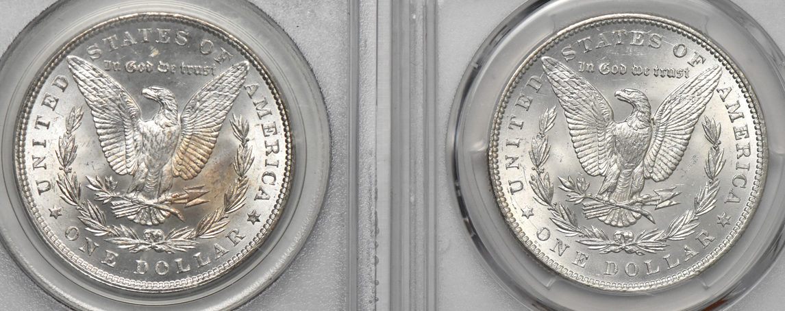 Four Morgan dollars graded MS-65 by PCGS