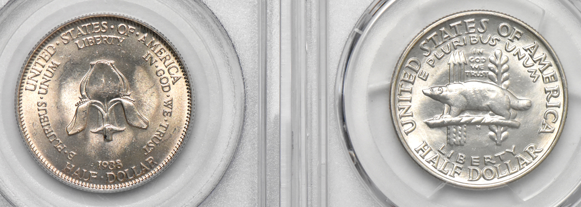 Group of five silver commemorative half dollars certified by PCGS