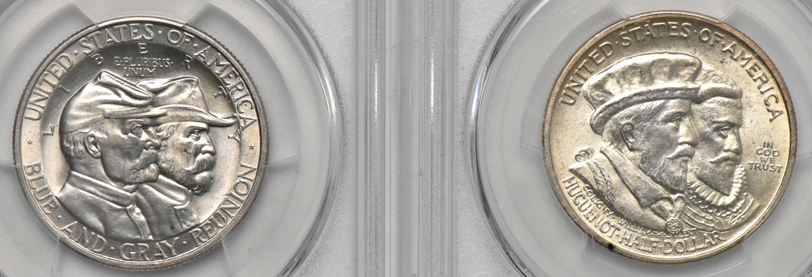 Group of five silver commemorative half dollars certified by PCGS
