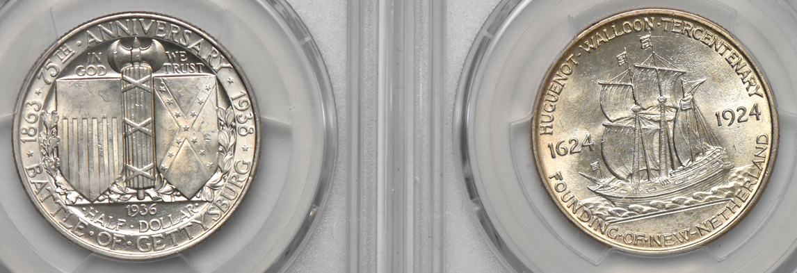 Group of five silver commemorative half dollars certified by PCGS