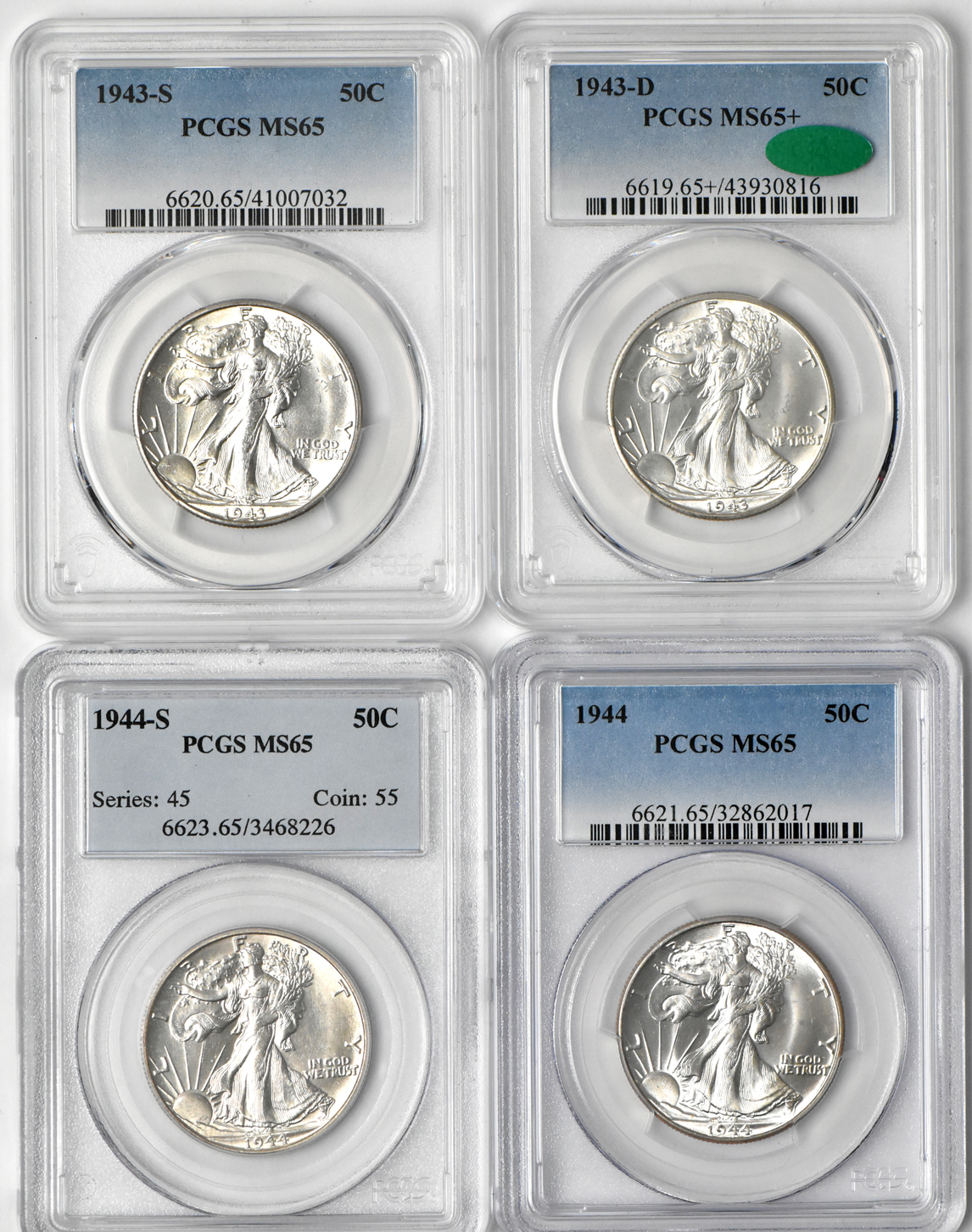Collection of thirteen Walking Liberty half-dollars graded MS-65 or higher by PCGS