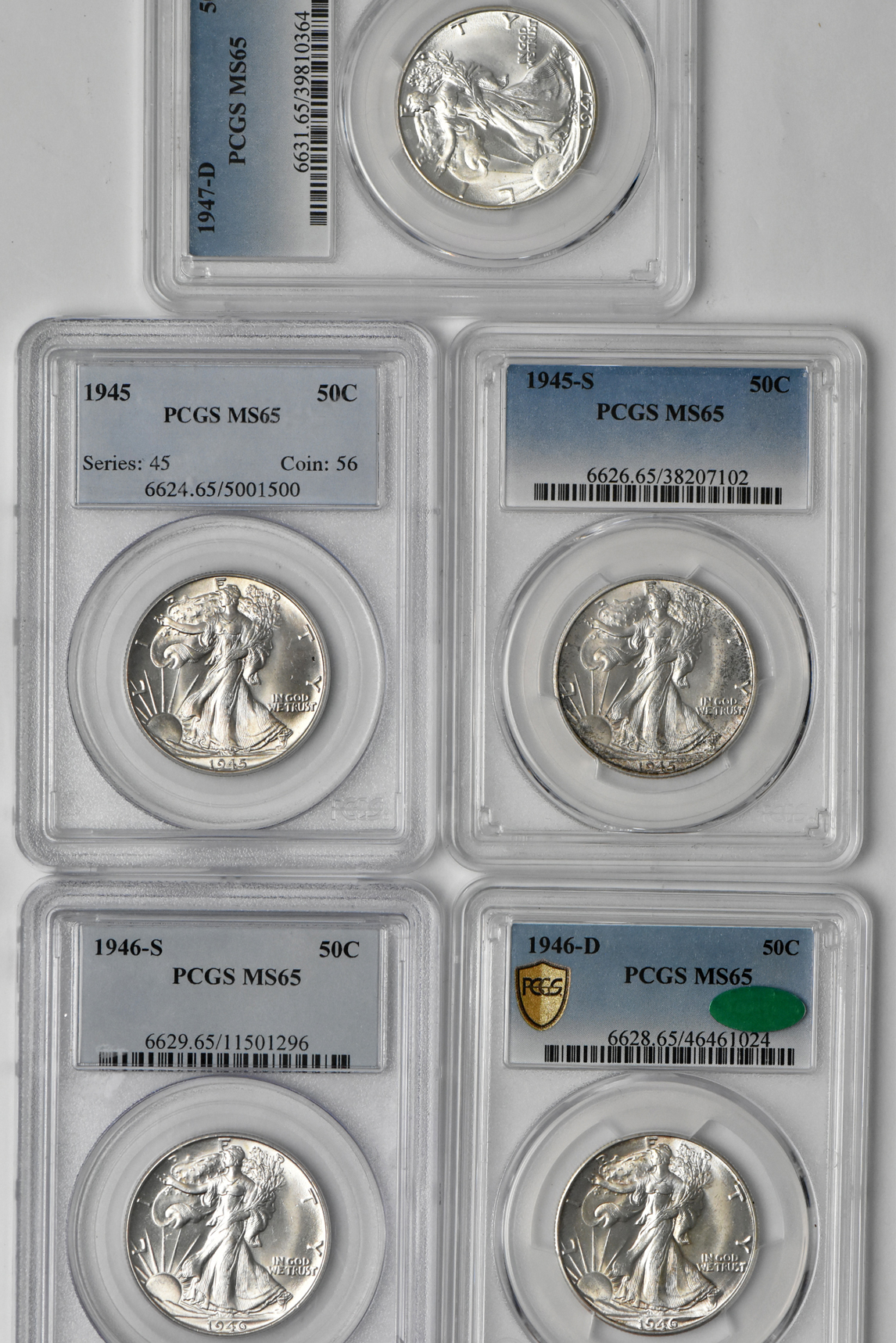 Collection of thirteen Walking Liberty half-dollars graded MS-65 or higher by PCGS
