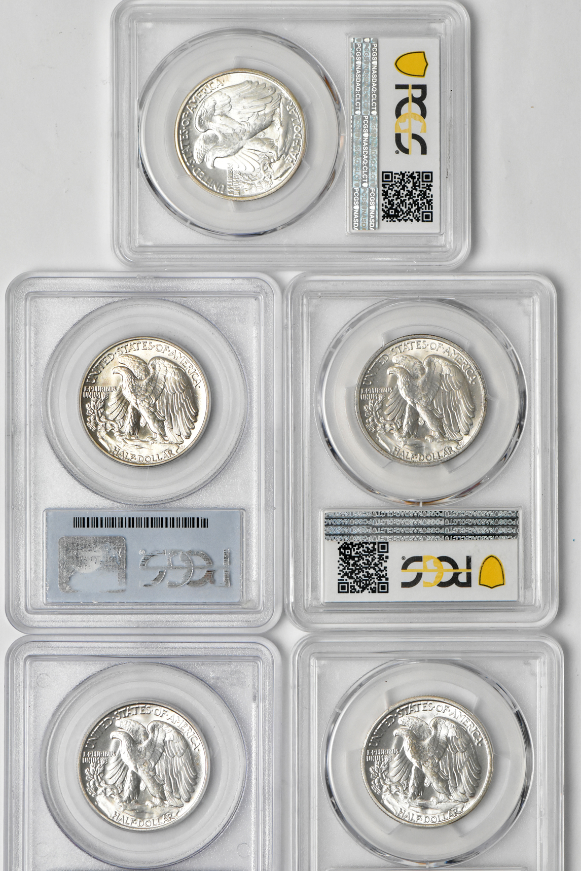 Collection of thirteen Walking Liberty half-dollars graded MS-65 or higher by PCGS