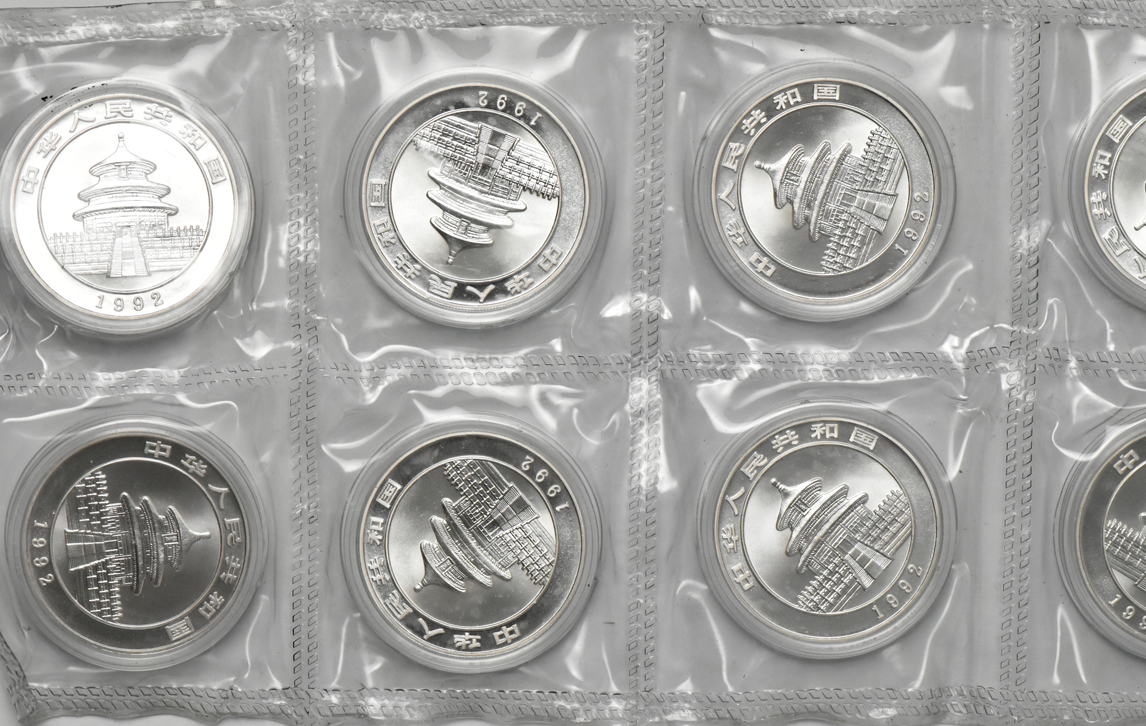 China - Uncut sheet of ten 1992 lg dt. 1oz silver Panda 10 yuan
