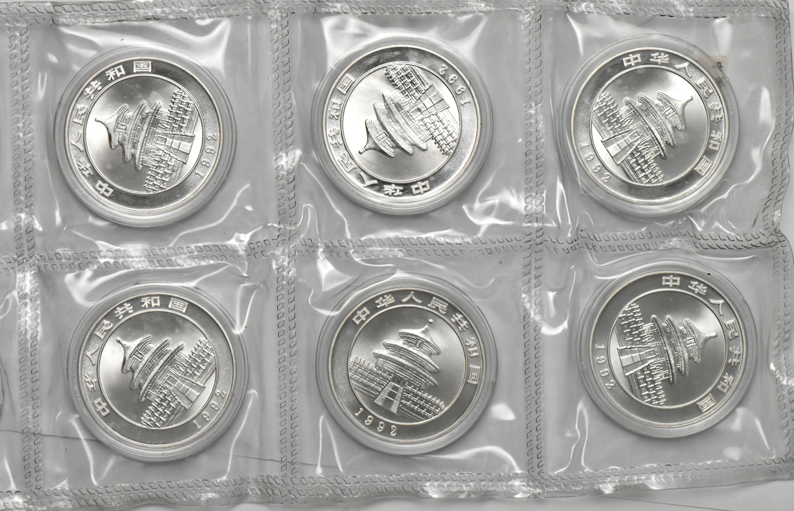 China - Uncut sheet of ten 1992 lg dt. 1oz silver Panda 10 yuan