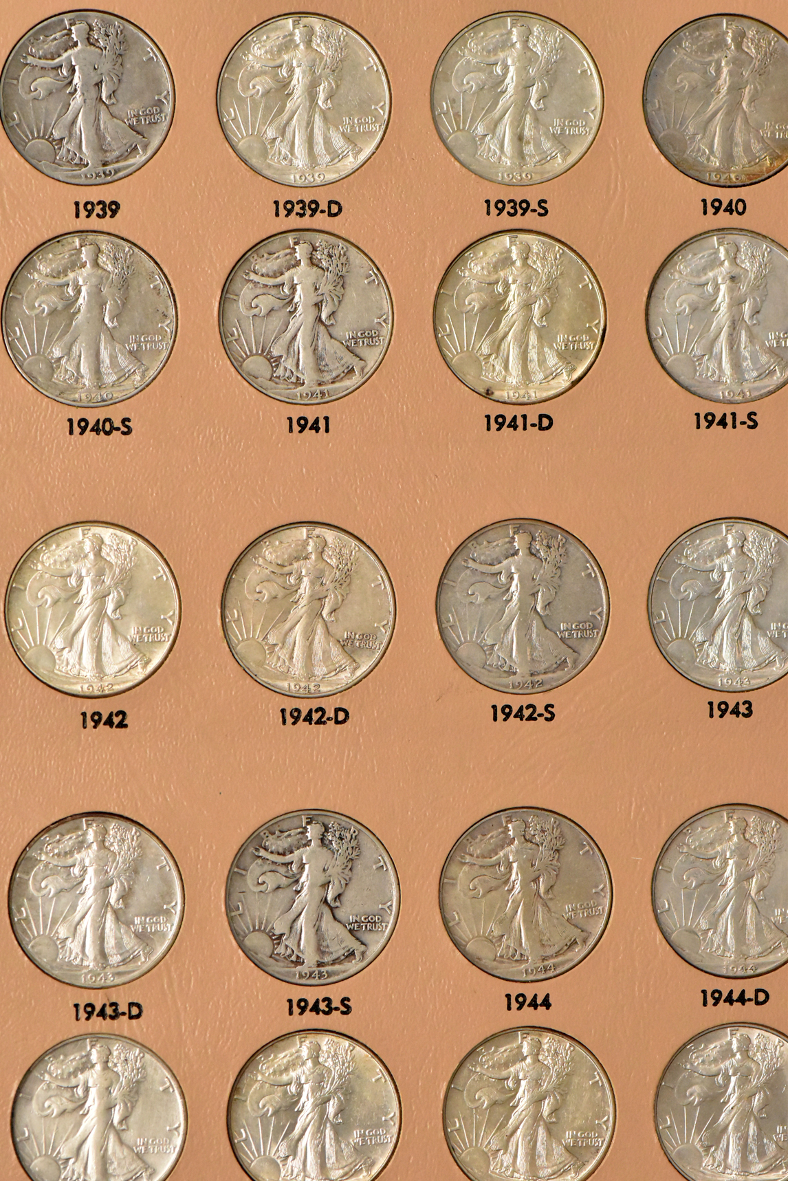 Complete collection of Walking Liberty half dollars in a Dansco 7160 album