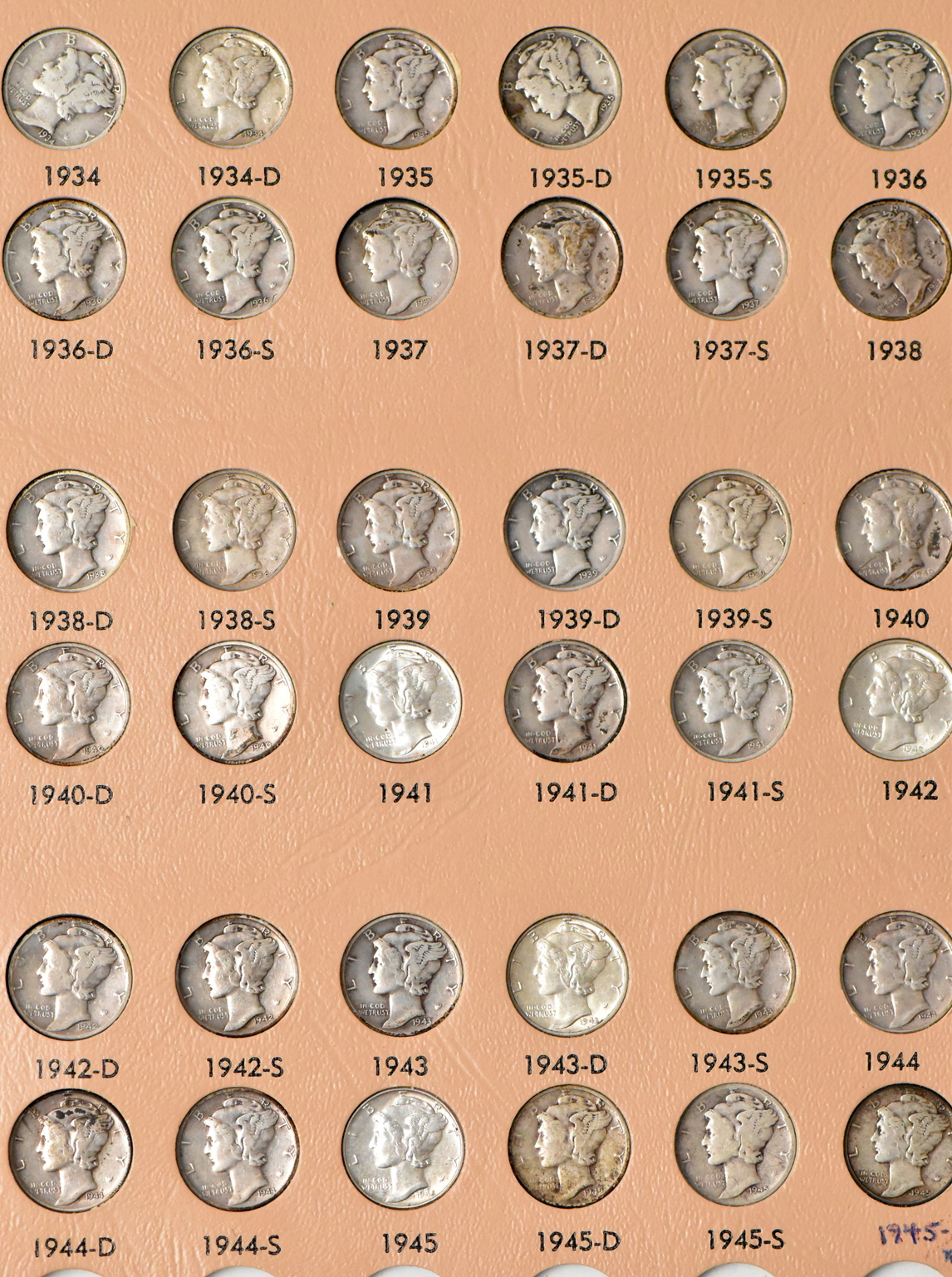 Complete collection of Mercury dimes in a Dansco 7123 album