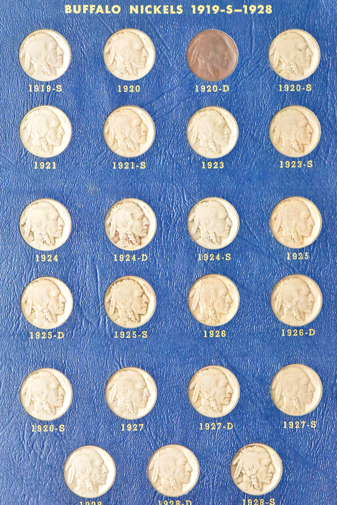 Collection of Buffalo nickels in a complete Whitman 9408 album