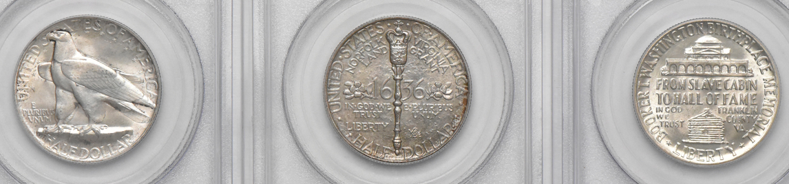 Five Uncirculated silver commemorative half dollars, all PCGS