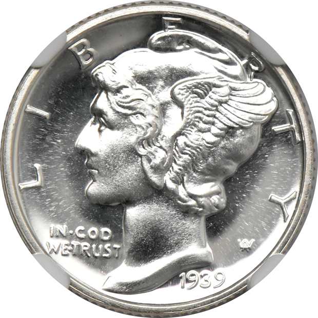 1939 Lincoln cent PCGS PR-66RD, 1939 Mercury Dime NGC PF-67+ CAC, and a 1939 Walking Liberty half dollar PCGS PR66