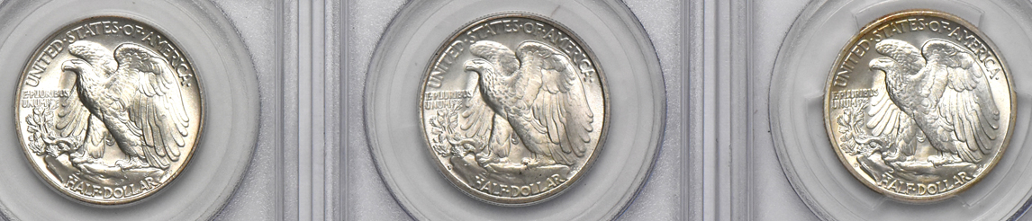 Seven Walking Liberty half dollars graded MS-65 or higher by PCGS