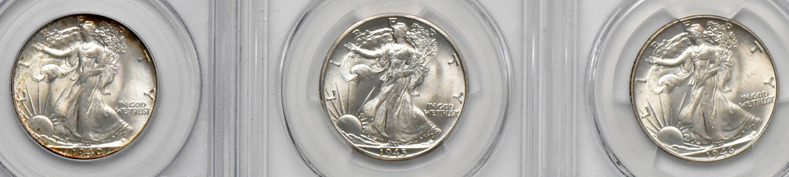 Seven Walking Liberty half dollars graded MS-65 or higher by PCGS