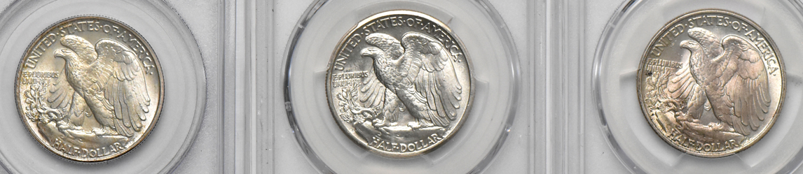 Seven Walking Liberty half dollars graded MS-65 or higher by PCGS