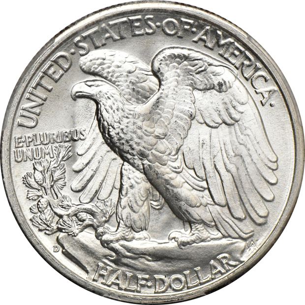 Seven Walking Liberty half dollars graded MS-65 or higher by PCGS