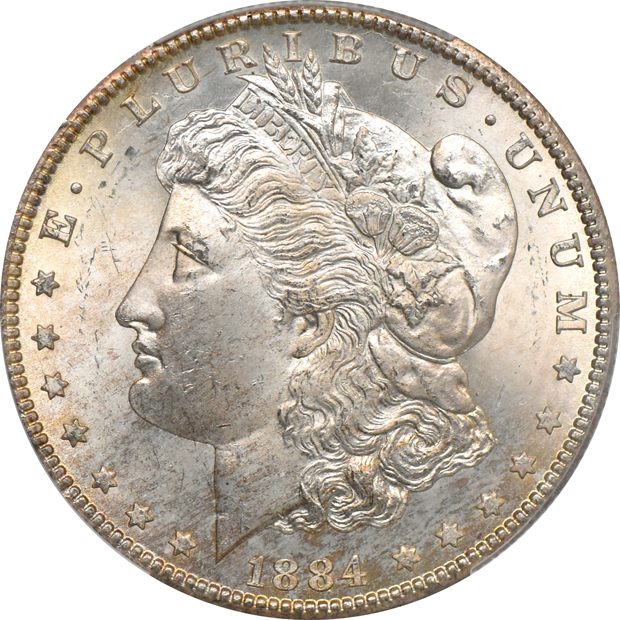 1884-CC Morgan dollar MS-65, and a 1925 Peace dollar MS-66, both Witter Brick CACG
