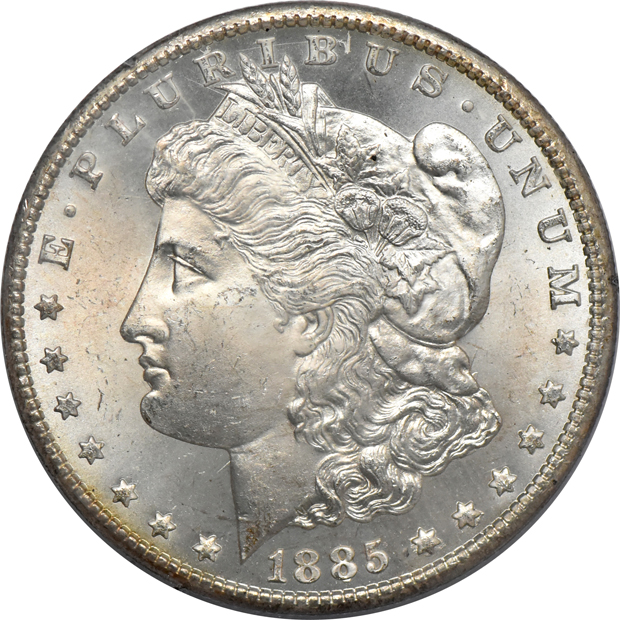 1884-CC MS-64DMPL (green label), and an 1885-CC MS-65 (rattler) CAC, both PCGS