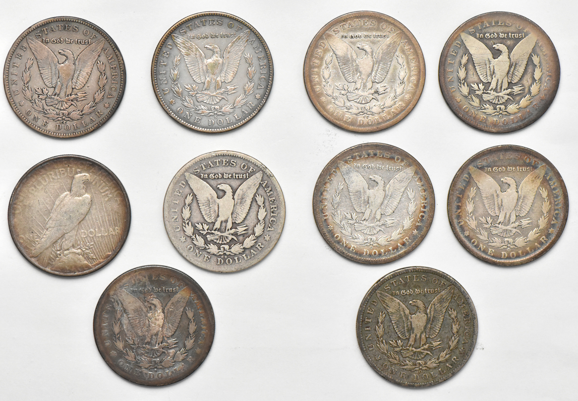 Ten different Morgan dollars