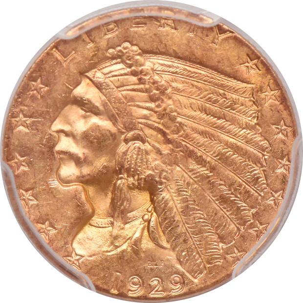 1907 Liberty quarter eagle MS-63 (green label), and a 1929 Indian quarter eagle MS-63+, both PCGS